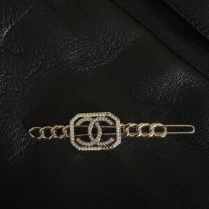 CHANEL barrette Gold Tone With Chain, Faux Pearl And CrystaL Logo *READ